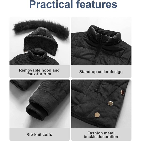 Women's Black Velvet Puffer Jackets Coat Faux Fur Lining Winter Removable Hood - Picture 6 of 7